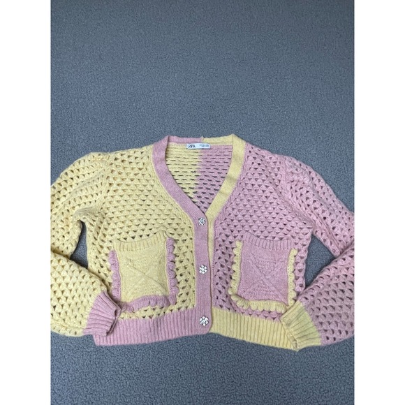 Zara Sweaters - Zara Womens Cropped Chunky Knit Button Cardigan pink yellow medium